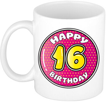 Verjaardag cadeau mok - 16 jaar - roze - 300 ml - keramiek - feest mokken
