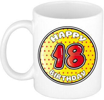 Verjaardag cadeau mok - 18 jaar - geel - sterretjes - 300 ml - keramiek - feest mokken
