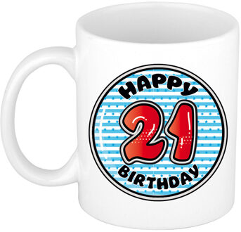 Verjaardag cadeau mok - 21 jaar - blauw - gestreept - 300 ml - keramiek - feest mokken Multikleur
