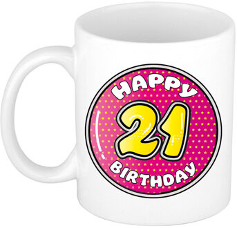 Verjaardag cadeau mok - 21 jaar - roze - 300 ml - keramiek - feest mokken