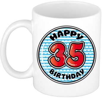 Verjaardag cadeau mok - 35 jaar - blauw - gestreept - 300 ml - keramiek - feest mokken Multikleur