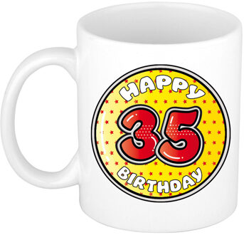 Verjaardag cadeau mok - 35 jaar - geel - sterretjes - 300 ml - keramiek - feest mokken