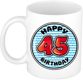 Verjaardag cadeau mok - 45 jaar - blauw - gestreept - 300 ml - keramiek - feest mokken Multikleur