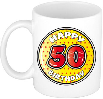 Verjaardag cadeau mok - 50 jaar - geel - sterretjes - 300 ml - keramiek - feest mokken