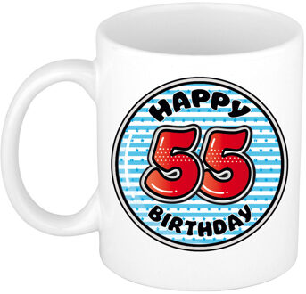 Verjaardag cadeau mok - 55 jaar - blauw - gestreept - 300 ml - keramiek - feest mokken Multikleur
