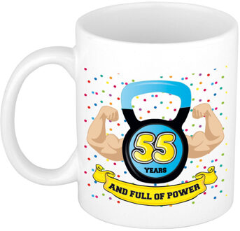 Verjaardag cadeau mok 55 jaar - blauw - spieren - 300 ml - keramiek - feest mokken
