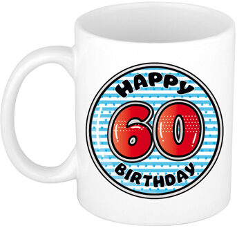 Verjaardag cadeau mok - 60 jaar - blauw - gestreept - 300 ml - keramiek - feest mokken Multikleur