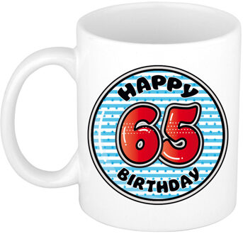 Verjaardag cadeau mok - 65 jaar - blauw - gestreept - 300 ml - keramiek - feest mokken Multikleur
