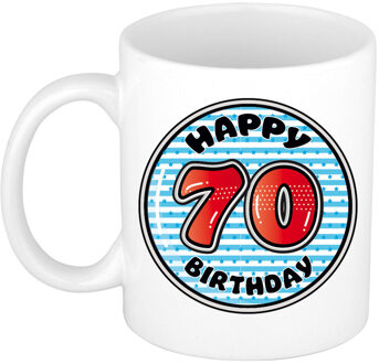 Verjaardag cadeau mok - 70 jaar - blauw - gestreept - 300 ml - keramiek - feest mokken Multikleur