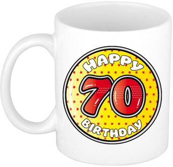 Verjaardag cadeau mok - 70 jaar - geel - sterretjes - 300 ml - keramiek - feest mokken