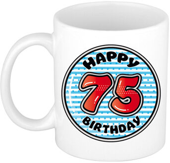Verjaardag cadeau mok - 75 jaar - blauw - gestreept - 300 ml - keramiek - feest mokken Multikleur