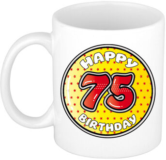 Verjaardag cadeau mok - 75 jaar - geel - sterretjes - 300 ml - keramiek - feest mokken