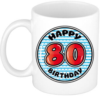 Verjaardag cadeau mok - 80 jaar - blauw - gestreept - 300 ml - keramiek - feest mokken Multikleur