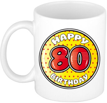 Verjaardag cadeau mok - 80 jaar - geel - sterretjes - 300 ml - keramiek - feest mokken