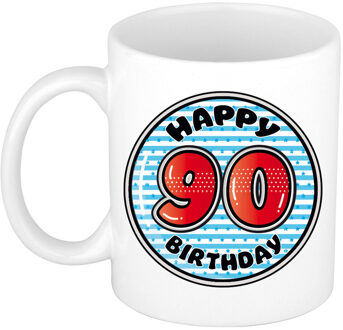 Verjaardag cadeau mok - 90 jaar - blauw - gestreept - 300 ml - keramiek - feest mokken Multikleur