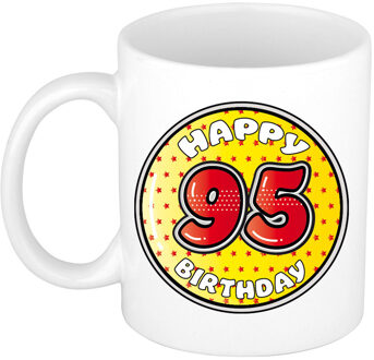 Verjaardag cadeau mok - 95 jaar - geel - sterretjes - 300 ml - keramiek - feest mokken