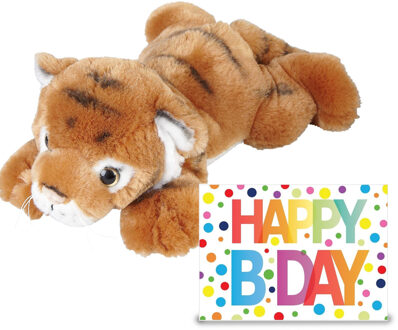 Verjaardag cadeau tijger 25 cm met XL Happy Birthday wenskaart - Knuffeldier Wit