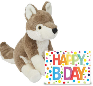 Verjaardag cadeau wolf 23 cm met XL Happy Birthday wenskaart - Knuffeldier Multikleur