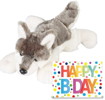 Verjaardag cadeau wolf 25 cm met XL Happy Birthday wenskaart - Knuffeldier Multikleur