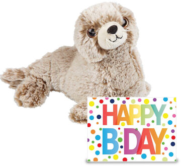 Verjaardag cadeau Zeehond pup 23 cm met XL Happy Birthday wenskaart - Knuffeldier Grijs