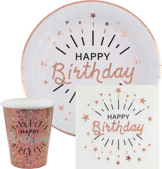 Verjaardag feest bekertjes/bordjes en servetten happy birthday - 30x - rose goud - Feestpakketten