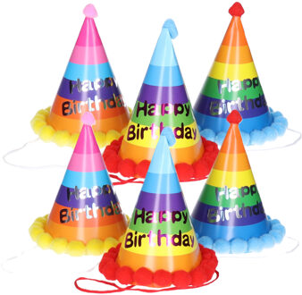 Verjaardag feesthoedje XL - 6x - happy birthday - karton - gekleurd - punthoedje