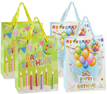 Verjaardag giftbag/cadeautasje - 4x stuks - groen/blauw - happy birthday - 17 x 23 cm