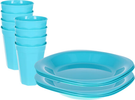 Verjaardag/kinder/camping borden/beker set - 16x stuks - blauw - kunststof - onbreekbaar
