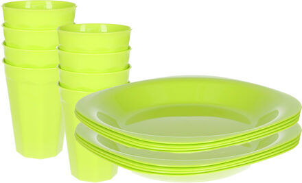 Verjaardag/kinder/camping borden/beker set - 16x stuks - groen - kunststof - onbreekbaar