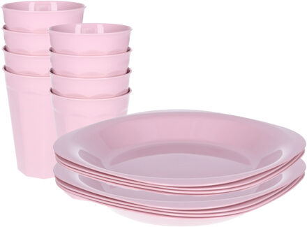 Verjaardag/kinder/camping borden/beker set - 16x stuks - lichtroze - kunststof - onbreekbaar