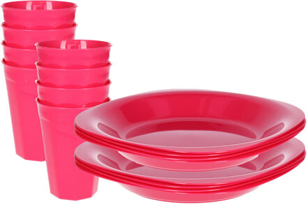 Verjaardag/kinder/camping borden/beker set - 16x stuks - roze - kunststof - onbreekbaar