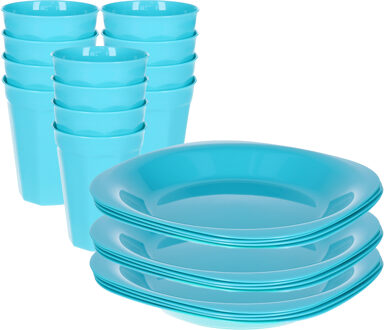 Verjaardag/kinder/camping borden/beker set - 24x stuks - blauw - kunststof - onbreekbaar