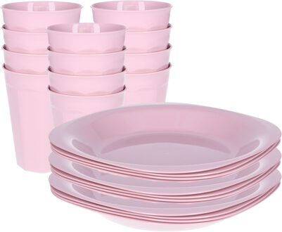 Verjaardag/kinder/camping borden/beker set - 24x stuks - lichtroze - kunststof - onbreekbaar