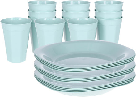 Verjaardag/kinder/camping borden/beker set - 24x stuks - mintgroen - kunststof - onbreekbaar
