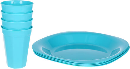 Verjaardag/kinder/camping borden/beker set - 8x stuks - blauw - kunststof - onbreekbaar