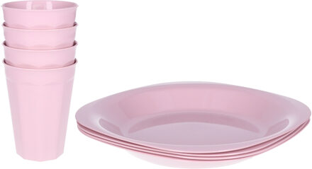 Verjaardag/kinder/camping borden/beker set - 8x stuks - lichtroze - kunststof - onbreekbaar
