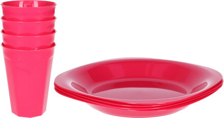Verjaardag/kinder/camping borden/beker set - 8x stuks - roze - kunststof - onbreekbaar
