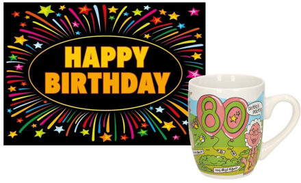 Verjaardag mok/beker 80 jaar vrouw met fun-tekst 300ml + wenskaart Happy Birthday - feest mokken Wit