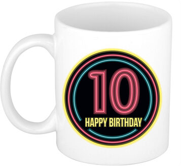 Verjaardag mok / beker - happy birthday 10 jaar - neon - 300 ml - feest mokken Roze