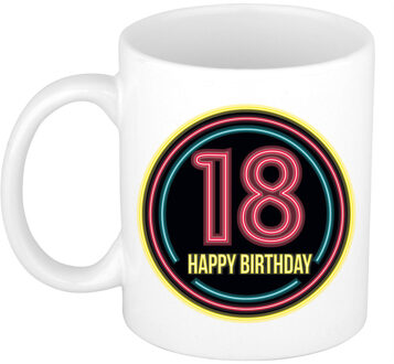 Verjaardag mok / beker - happy birthday 18 jaar - neon - 300 ml - feest mokken Multikleur