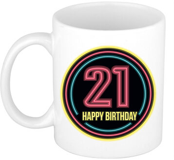Verjaardag mok / beker - happy birthday 21 jaar - neon - 300 ml - feest mokken Roze