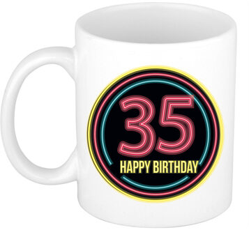 Verjaardag mok / beker - happy birthday 35 jaar - neon - 300 ml - feest mokken Multikleur