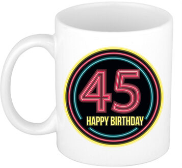 Verjaardag mok / beker - happy birthday 45 jaar - neon - 300 ml - feest mokken Multikleur