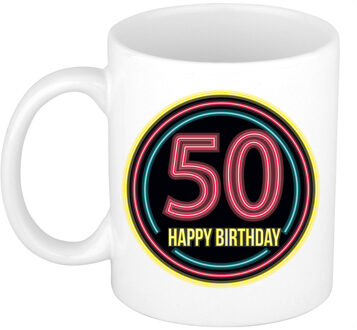 Verjaardag mok / beker - happy birthday 50 jaar - neon - 300 ml - feest mokken Roze