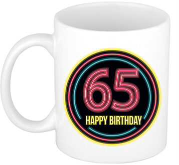 Verjaardag mok / beker - happy birthday 65 jaar - neon - 300 ml - feest mokken Multikleur