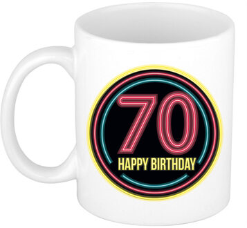 Verjaardag mok / beker - happy birthday 70 jaar - neon - 300 ml - feest mokken Multikleur