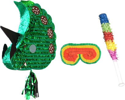 Verjaardag Pinata dino - groen - 45 x 50 cm - set met stok en masker