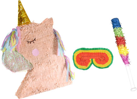 Verjaardag Pinata eenhoorn - roze - 45 x 50 cm - set met stok en masker