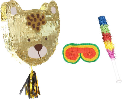 Verjaardag Pinata luipaard - goud - 48 x 50 cm - set met stok en masker