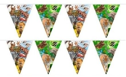 Verjaardag vlaggenlijn slinger - 2x - 10 meter - Safari/jungle thema feest - plastic - binnen/buiten Multi